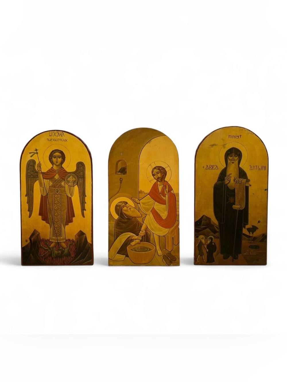 Original Isaac Fanous Signed Coptic Icon Trio 1990 Archangel Michael St Anthony